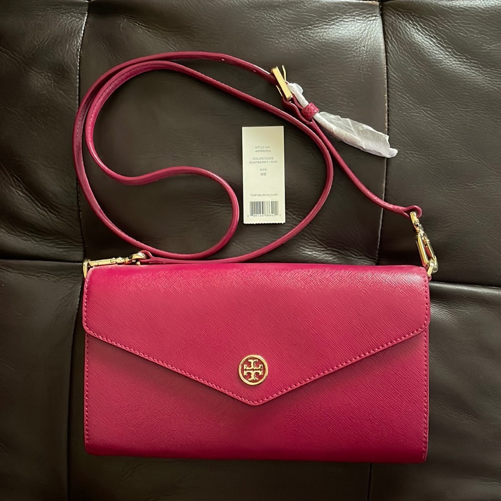 Tory Burch Crossbody Wallet, Raspberry Color, Approx. 5.25" H X9.5' W X1 D